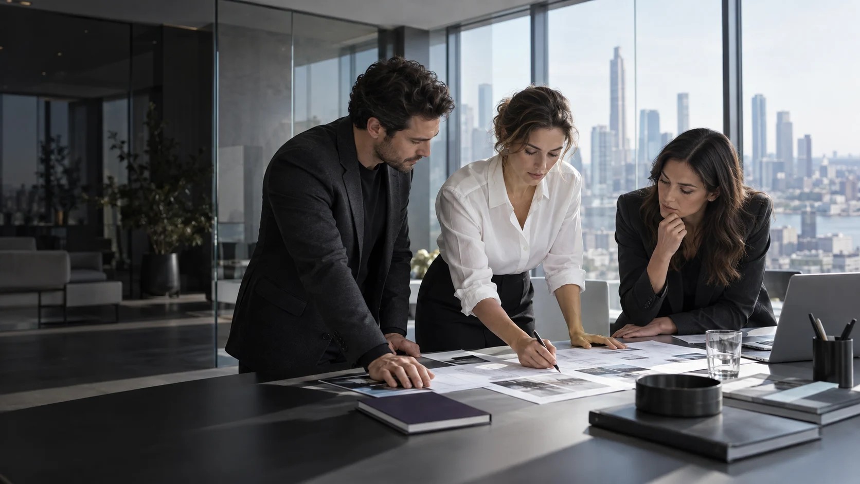A team discussing a shared challenge around a desk