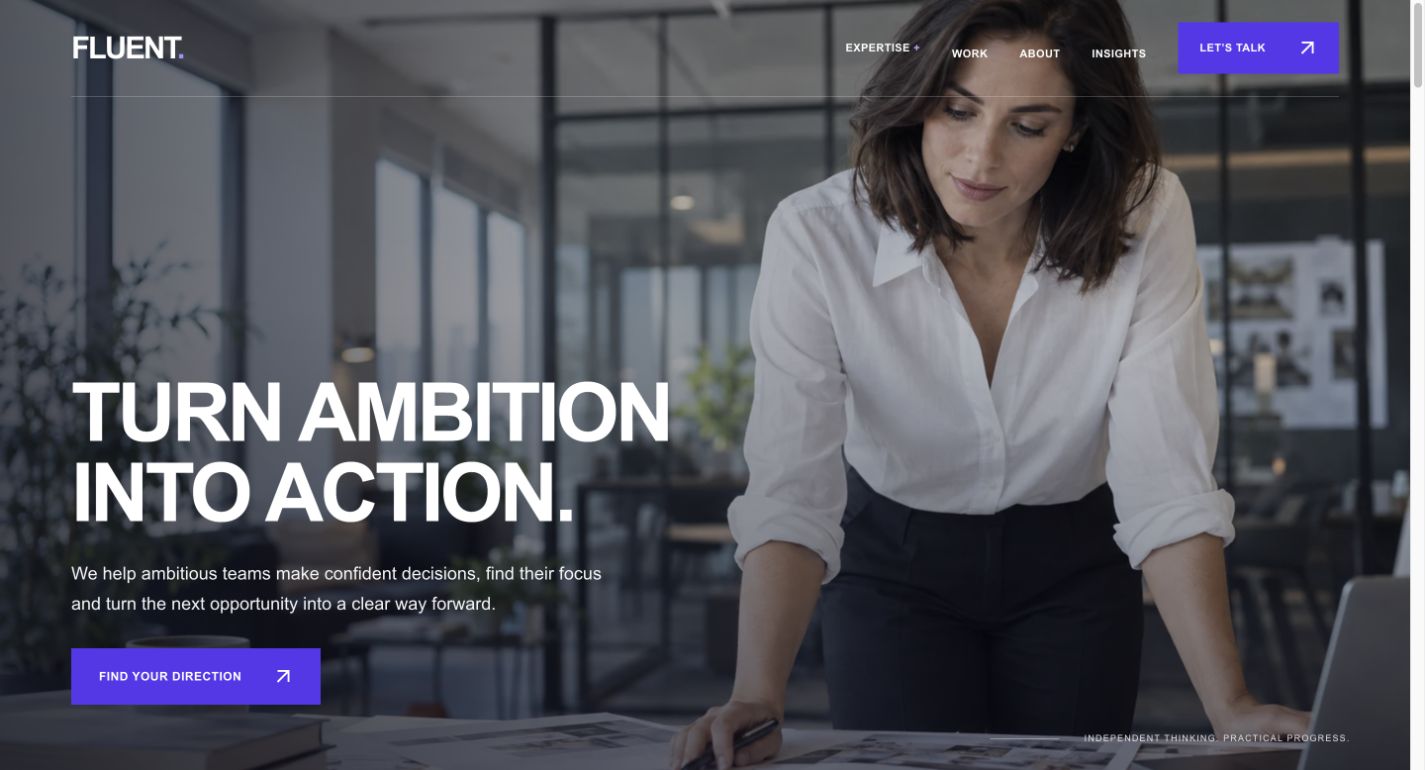 Fluent Studio homepage with a large photographic hero and bold white headings