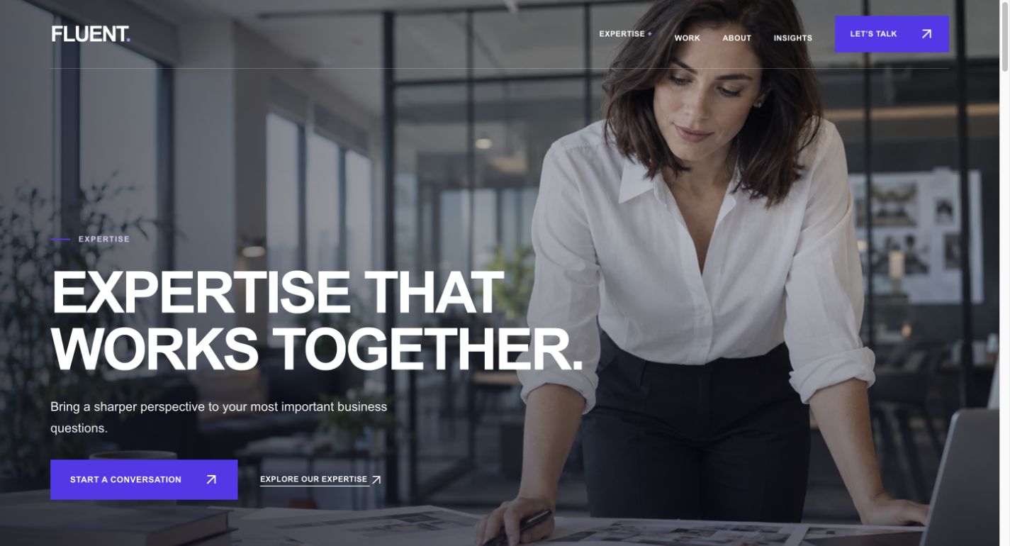 Fluent Studio services page with editorial content and service cards