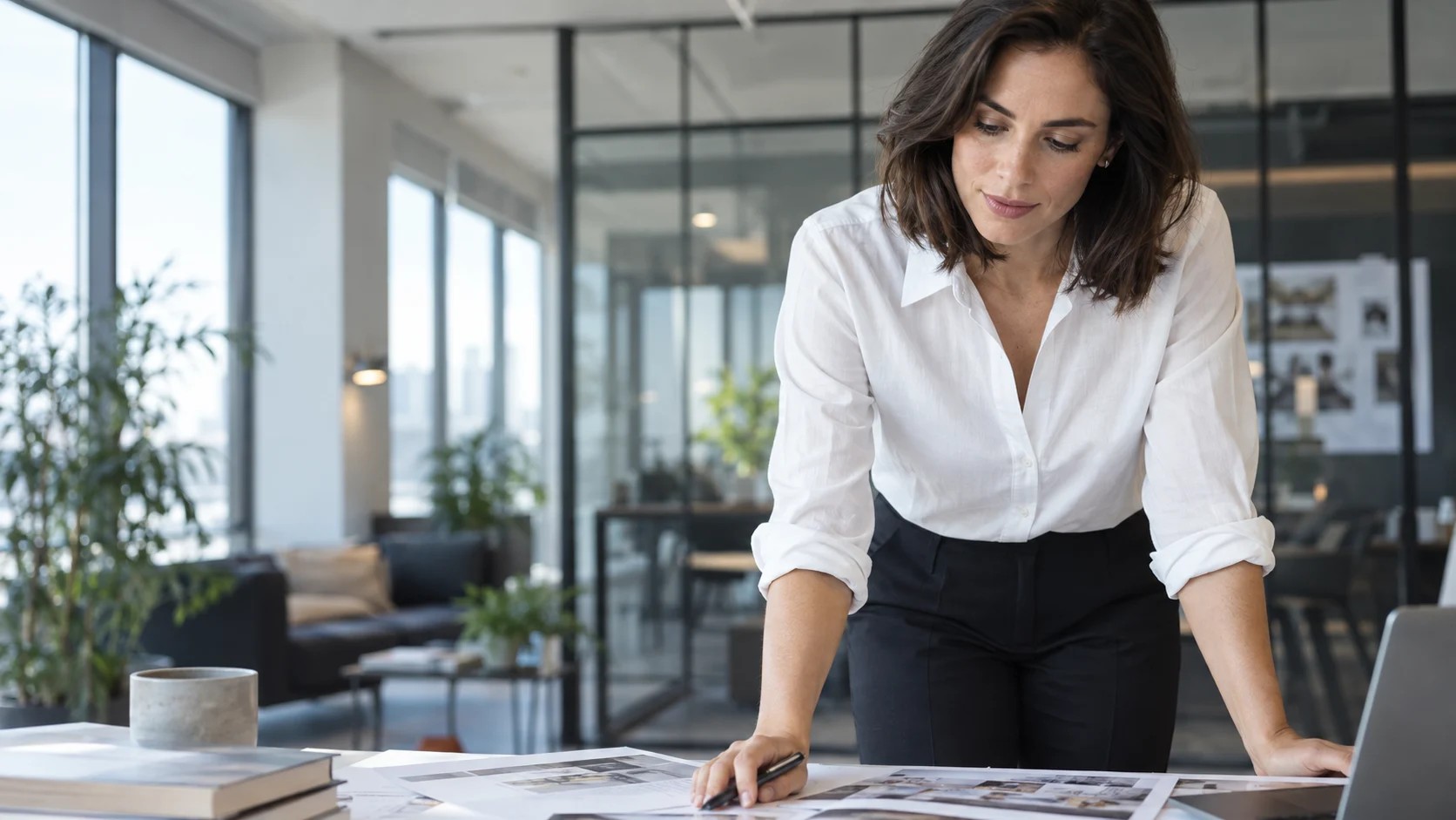 A professional woman working at a desk in a contemporary office